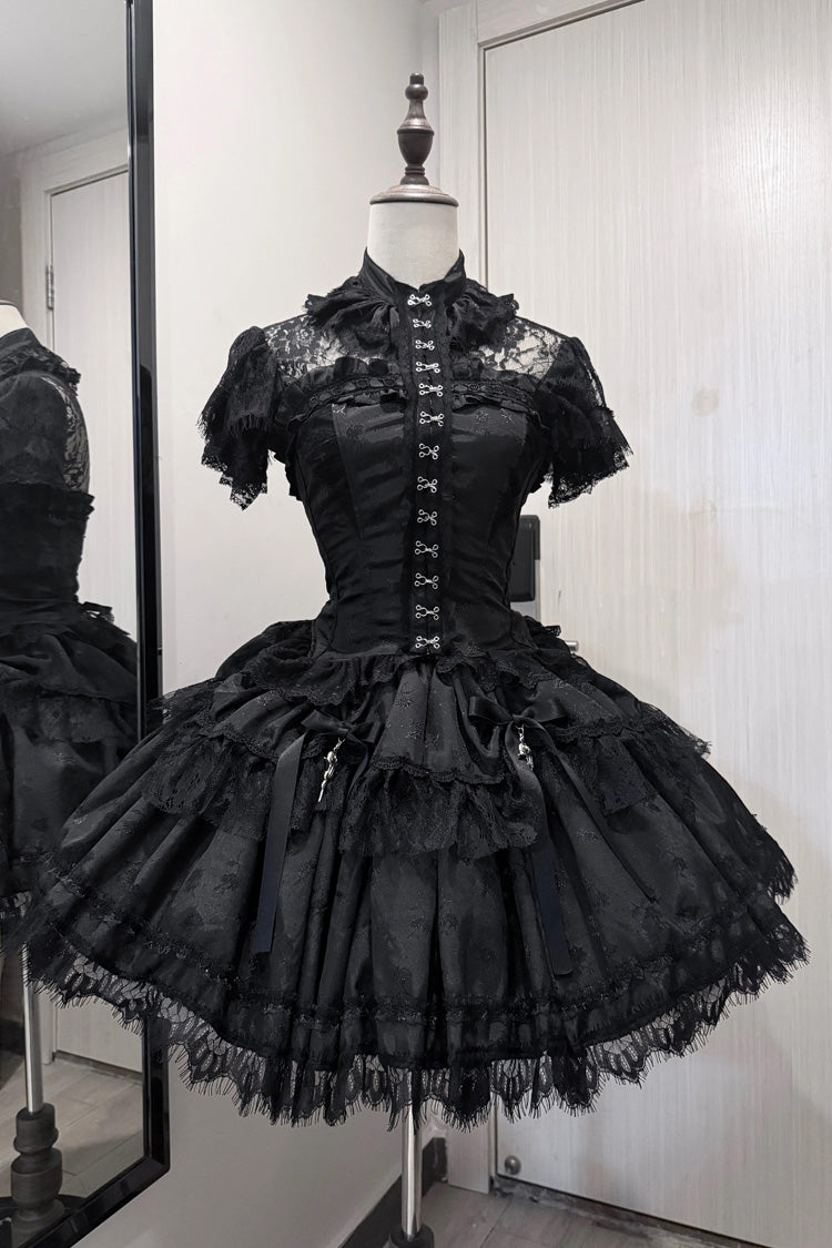 Black [Silver Moon Thorn] Off Shoulder Sleeveless Jacquard Ruffled Bow Patchwork Lace Gothic Lolita Skirt Two-piece Set - Black(Top+Skirt+Blouse) - 5