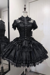 Black [Silver Moon Thorn] Off Shoulder Sleeveless Jacquard Ruffled Bow Patchwork Lace Gothic Lolita Skirt Two-piece Set - Black(Top+Skirt+Blouse) - 5