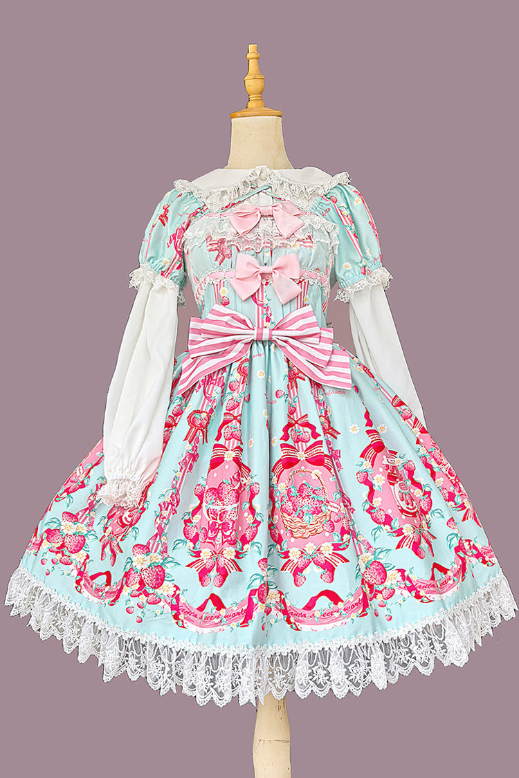 [Strawberry Chef] Short Sleeves Print Bowknot Lace Sweet Lolita Dress 4 Colors - Product - 4