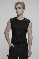 Black Round Collar Sleeveless Studded Stitching Shoulder Patched Men's Punk Vest - Black - 1