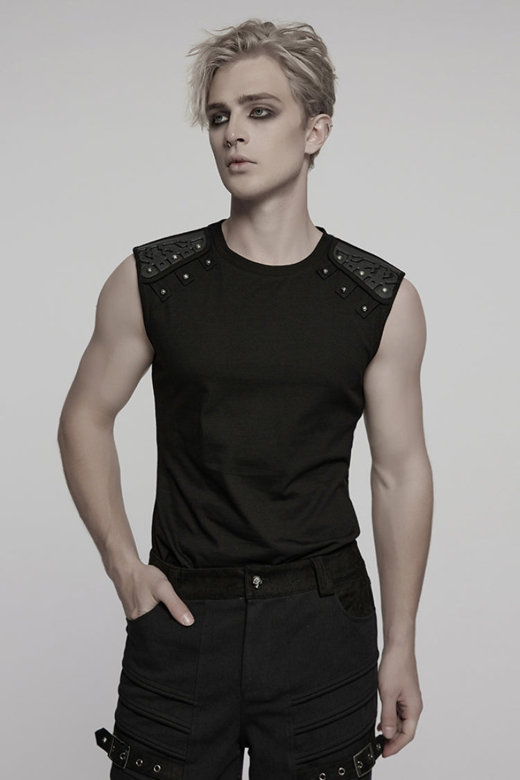 Black Round Collar Sleeveless Studded Stitching Shoulder Patched Men's Punk Vest - Black - 1