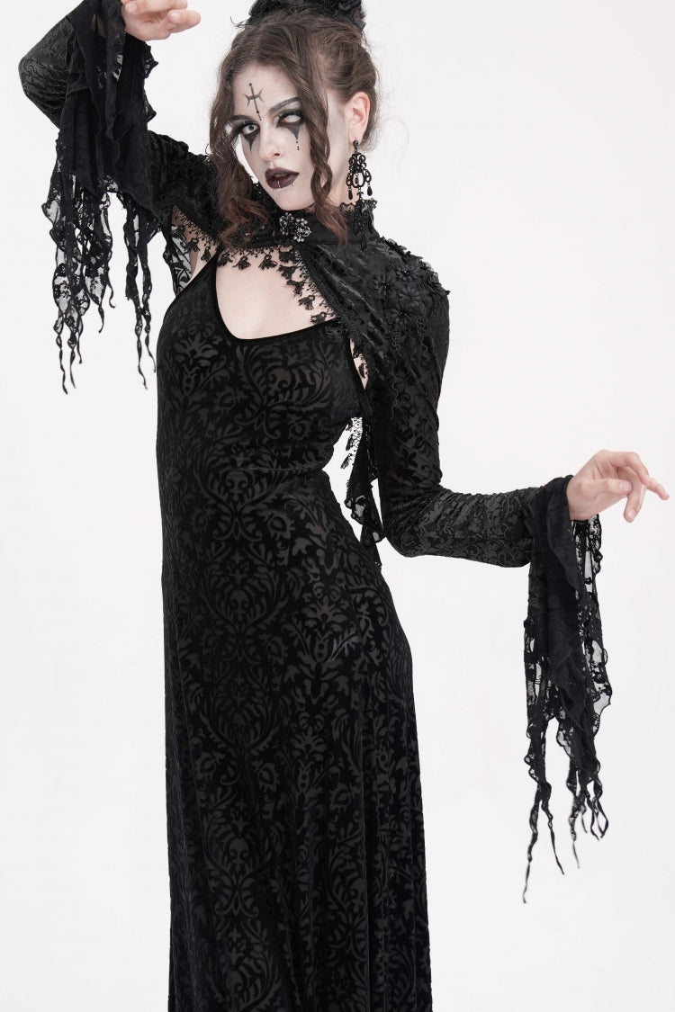 Black Stand Collar Long Sleeves Lace Tassels Women's Gothic Cape - Product - 3