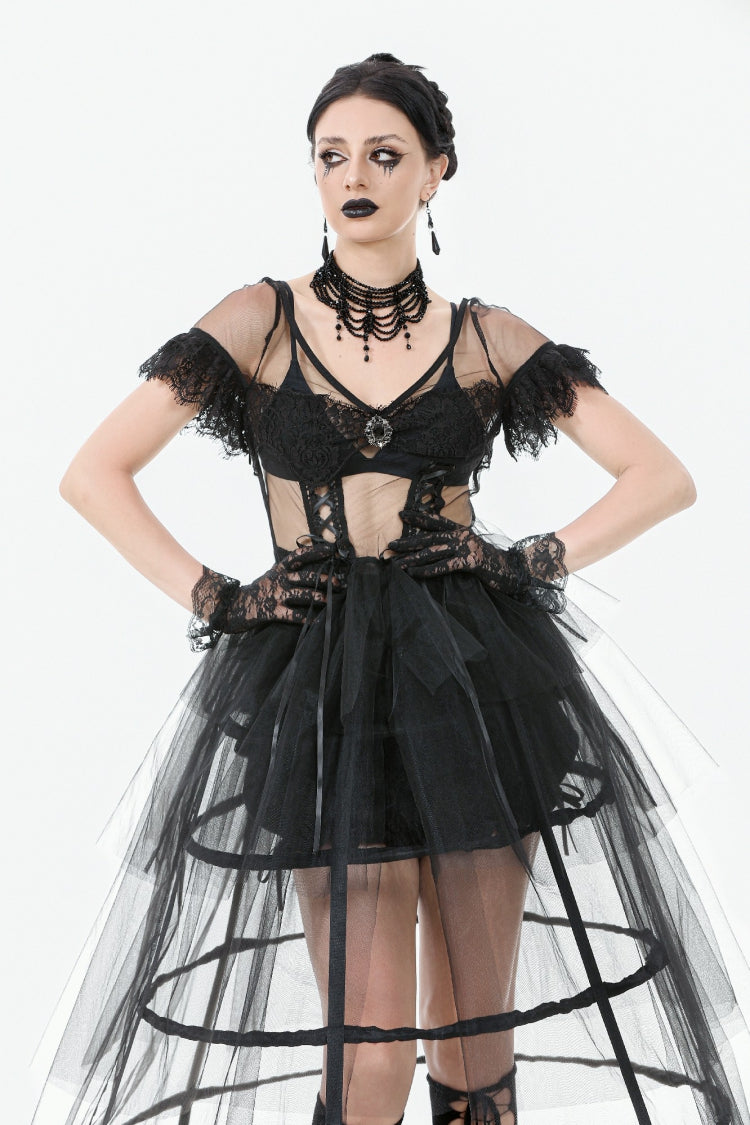 Black V Collar Short Sleeves Multi-Layered Sheer Mesh Women's Gothic Dress - Product - 12