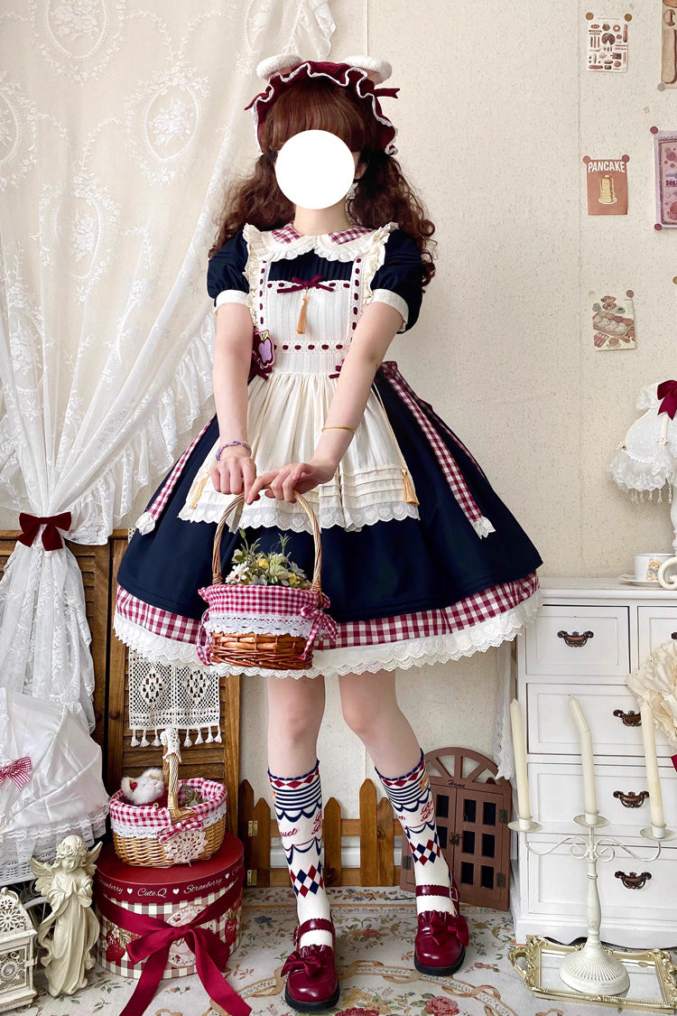 Blue/White [Alice's Picnic] Doll Collar Short Sleeves Printed Ruffled Sweet Lolita Dress - Product - 5