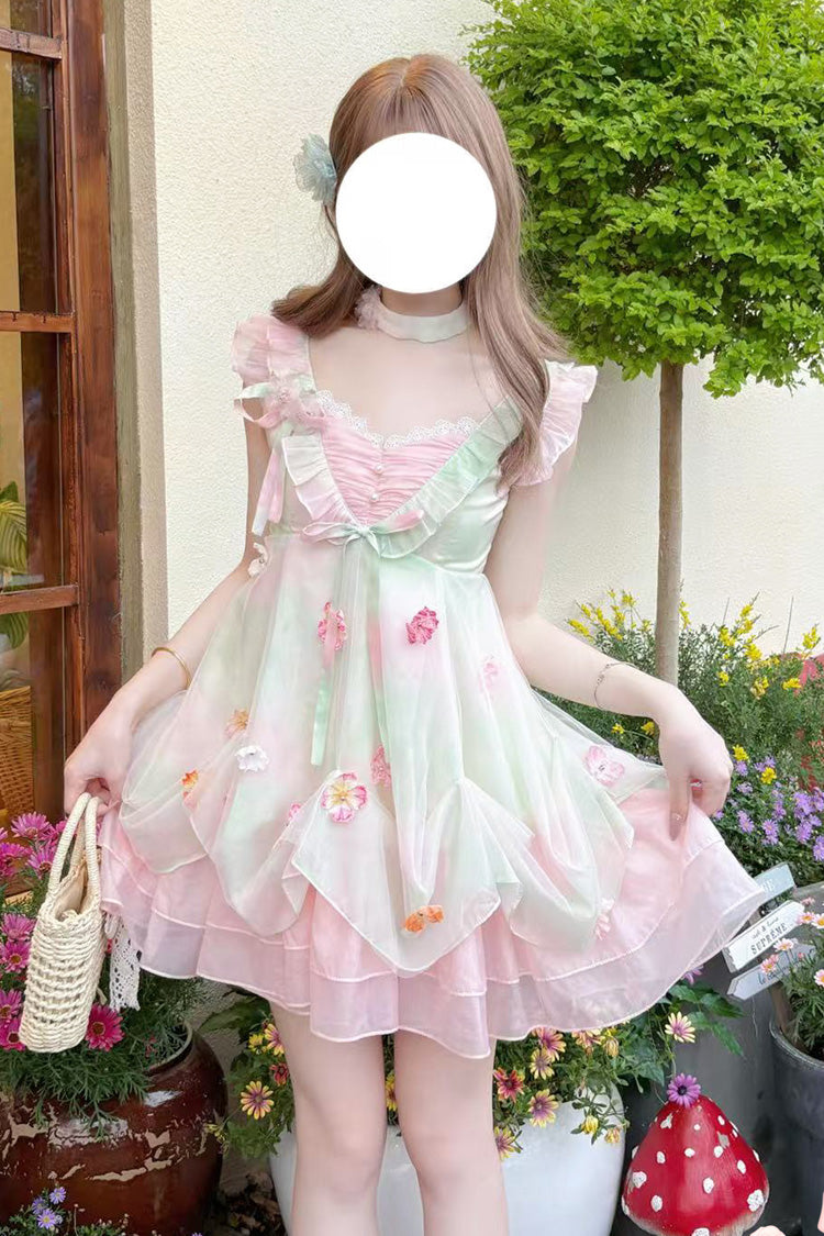 Pink/Green [Dream of Flowers] Sleeveless Print Ruffle Lace Sweet Princess Lolita Jsk Dress - Product - 3