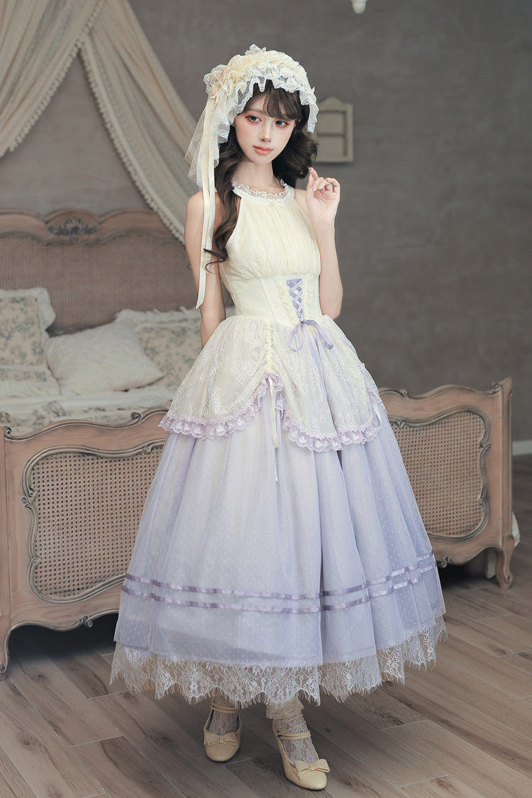 [Tulip Scent] Halterneck Sleeveless Printed Ruffled Lace Lace-Up Fishbone Sweet Lolita Jsk Dress Set (Pink/Purple 2 Colors) - Purple - 20