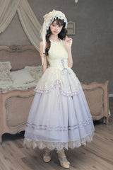 [Tulip Scent] Halterneck Sleeveless Printed Ruffled Lace Lace-Up Fishbone Sweet Lolita Jsk Dress Set (Pink/Purple 2 Colors) - Purple - 20
