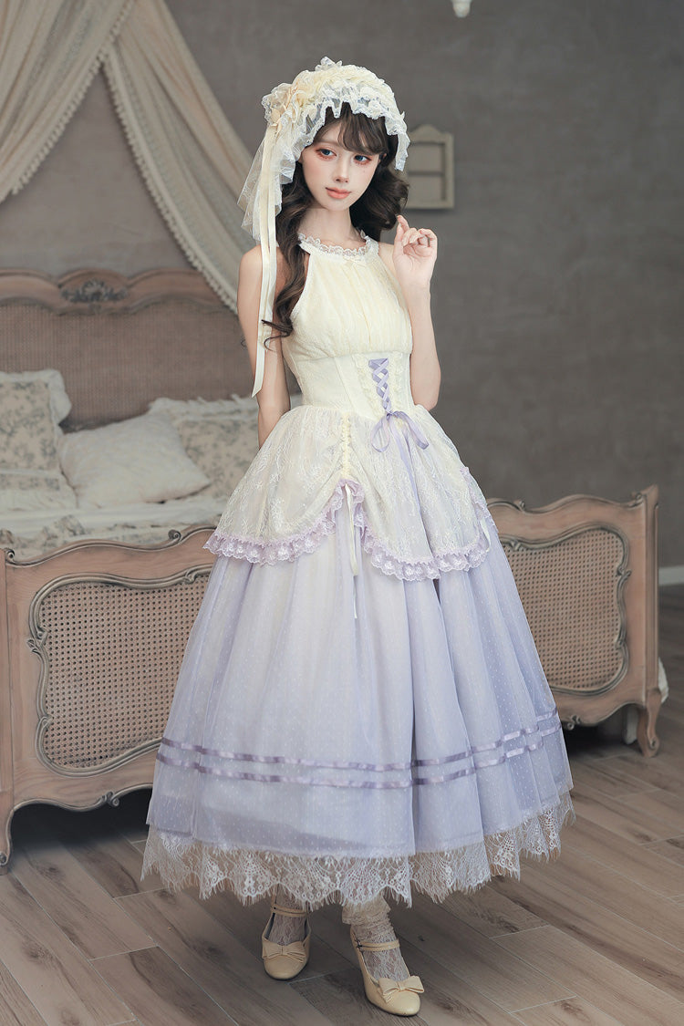 [Tulip Scent] Halterneck Sleeveless Printed Ruffled Lace Lace-Up Fishbone Sweet Lolita Jsk Dress Set (Pink/Purple 2 Colors) - Purple - 20