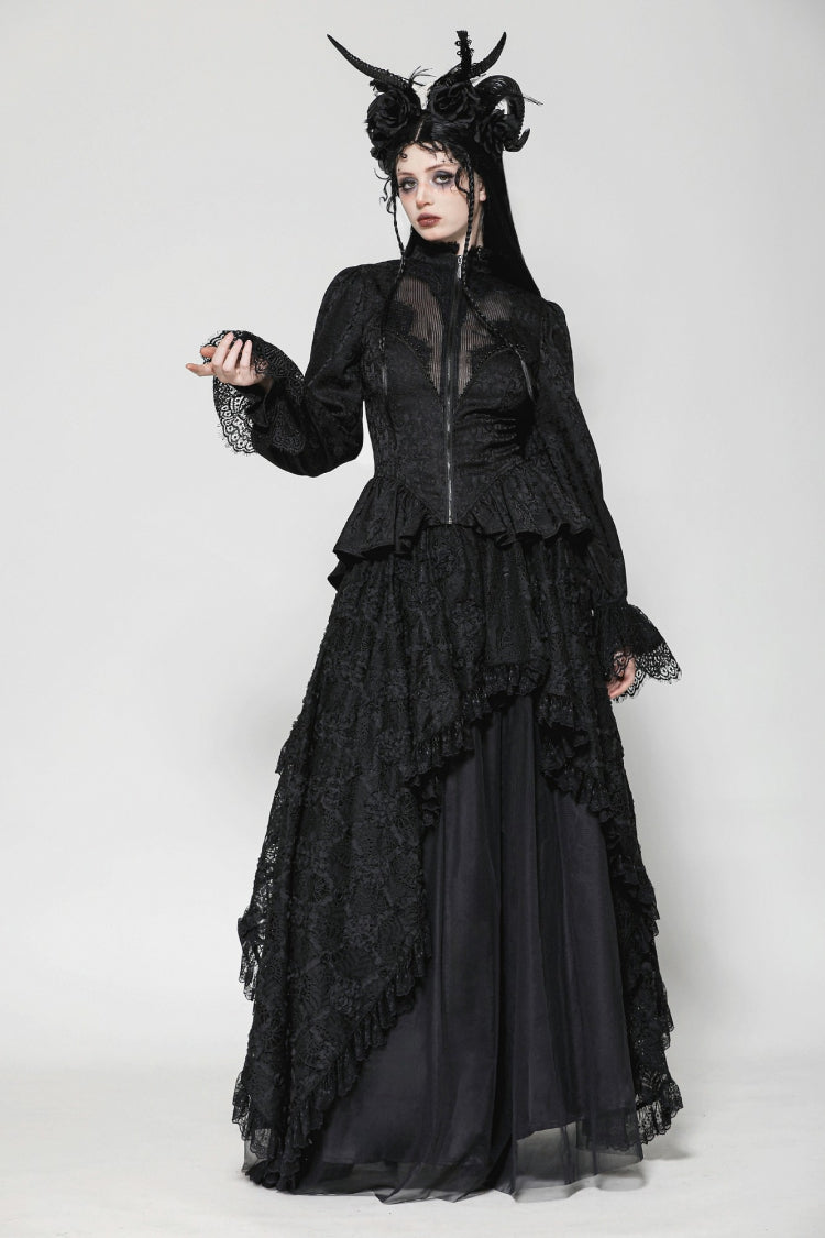 Black Stand Collar Long Trumpet Sleeves Lace Sheer Lace-Up Women's Gothic High Low Tail Coat - Product - 6