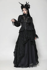 Black Stand Collar Long Trumpet Sleeves Lace Sheer Lace-Up Women's Gothic High Low Tail Coat - Product - 6