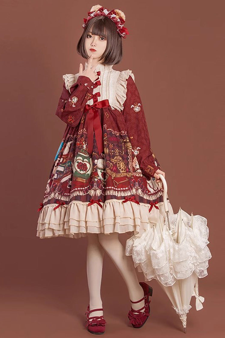 [Rabbit and Bear Feast]  Long Sleeves Multi-Layered Print Ruffle Bowknot Sweet Lolita Dress 2 Colors - Product - 4