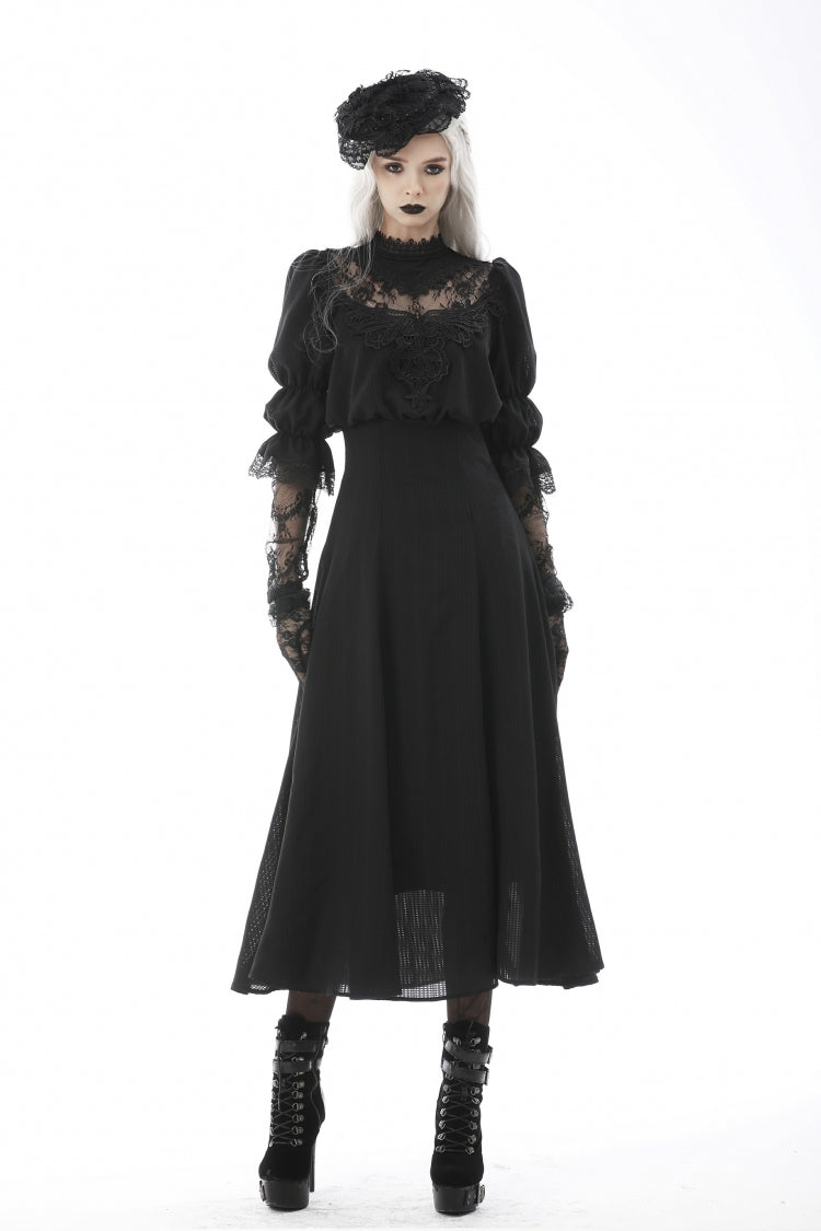 Black Stand Collar Cut-Out Half Sleeves Lace Spliced Women's Gothic Maxi Dress - Product - 5