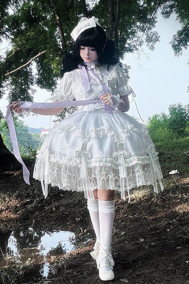 White Short Sleeves Ruffle Bowknot Lace Gothic Elegant Lolita Dress - Product - 2