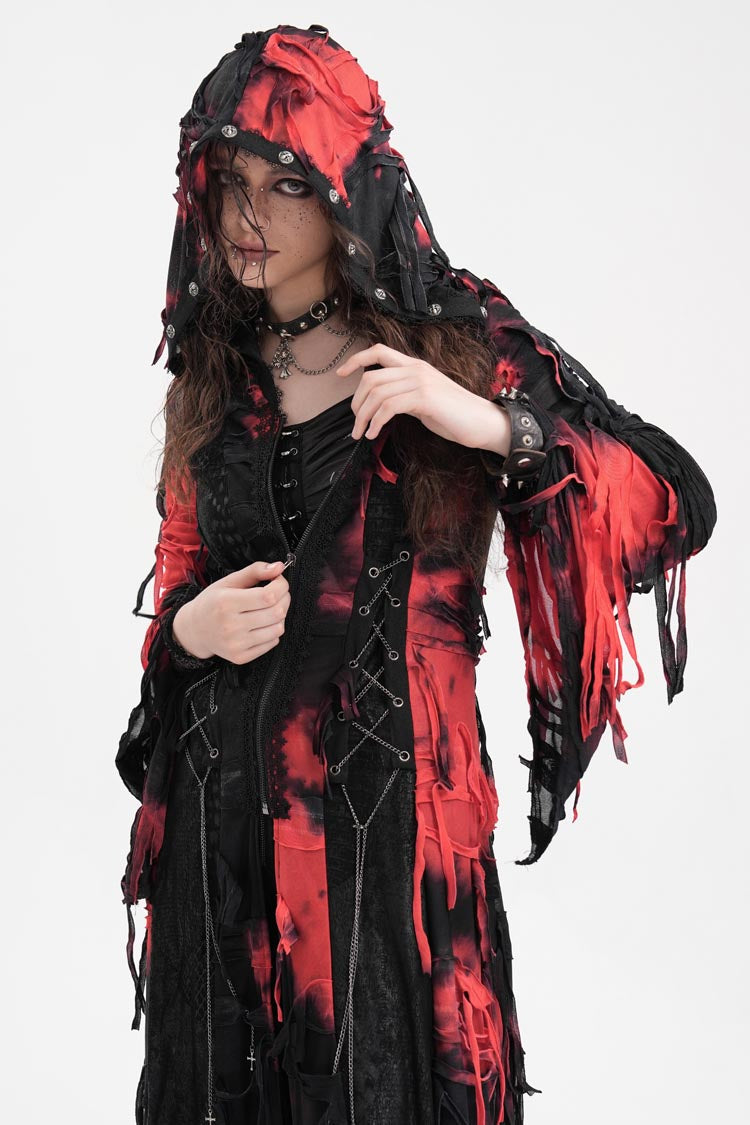 Black/Red Long Sleeves Lace Ripped Zipper Women's Punk Coat - Product - 5