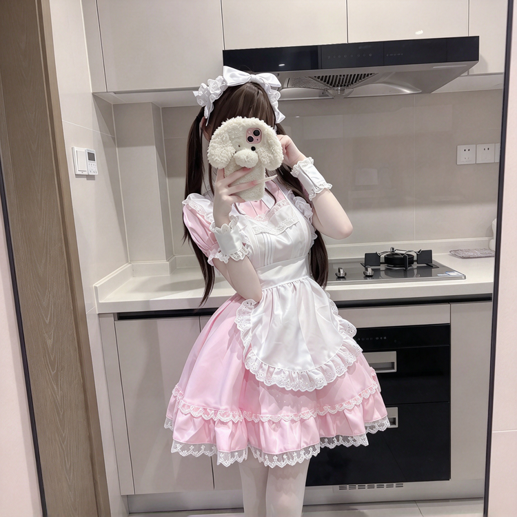 Light Blue and White Ruffled Maid Lolita Halter Dress with Apron Accent - view 8