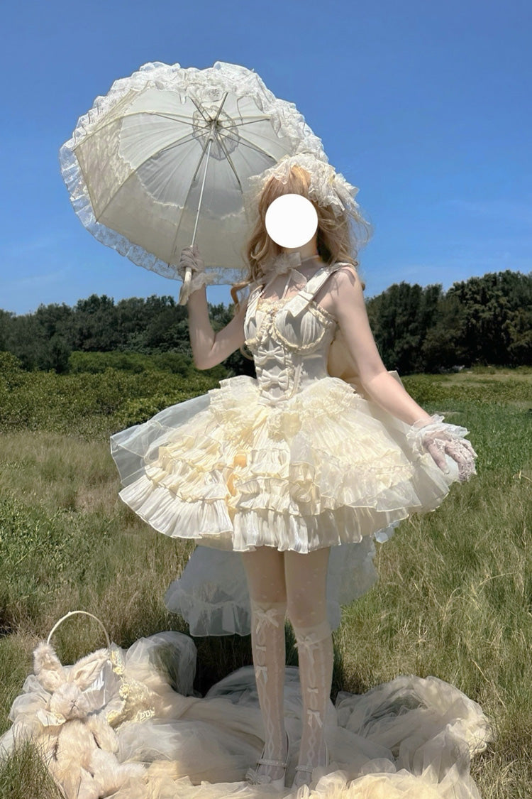 Apricot [Cream Cake] Sleeveless Multi-Layered Ruffle Bowknot Sweet Princess Lolita Jsk Dress Set - Product - 9