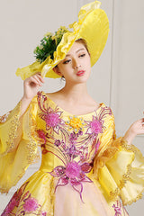 Yellow Half Sleeves Hime Sleeves High Waisted Lace Stitching Hollow Embroidery Floral Print Multi-Layer Victorian Lolita Prom Dress - Product - 5