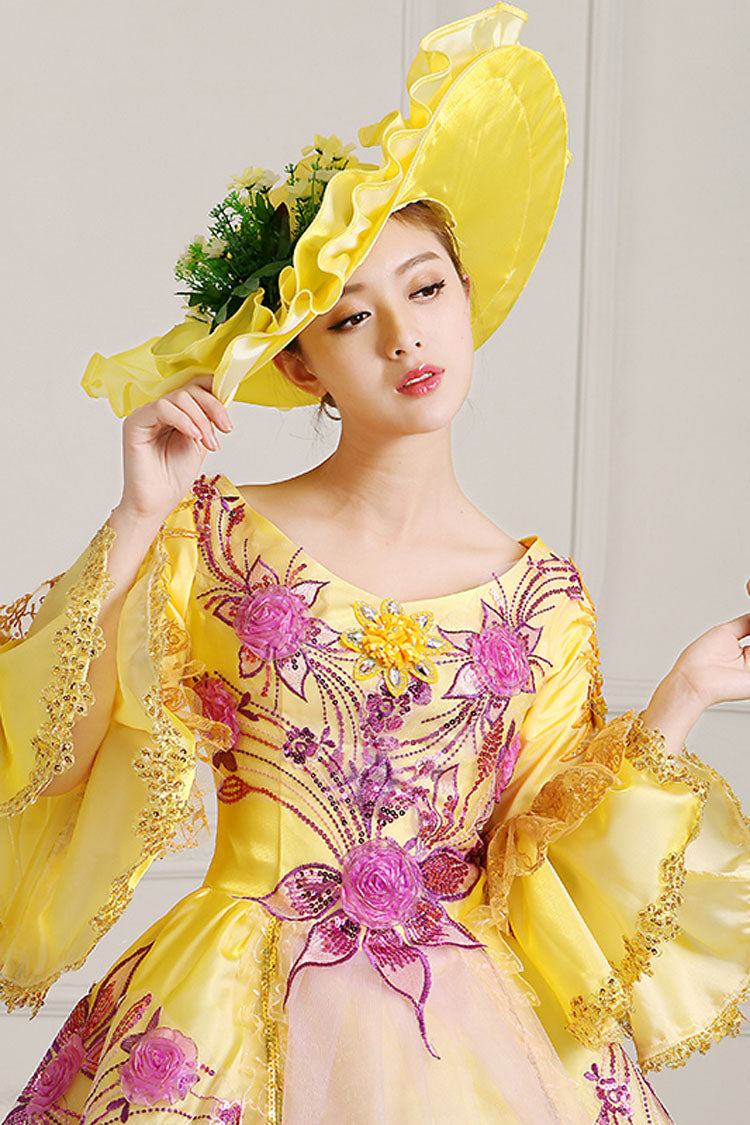 Yellow Half Sleeves Hime Sleeves High Waisted Lace Stitching Hollow Embroidery Floral Print Multi-Layer Victorian Lolita Prom Dress - Product - 5