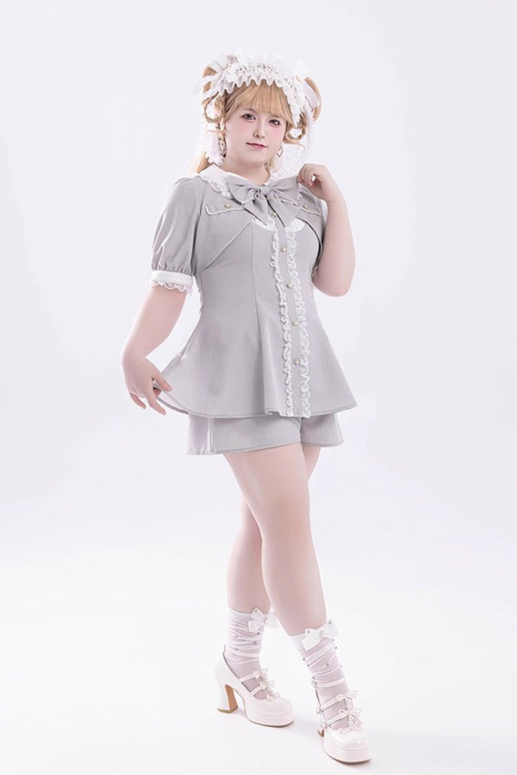 Grey Short Sleeves Ruffle Bowknot Fake Two Pieces Jirai Kei Japanese Dress Shorts - Product - 12