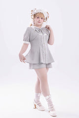 Grey Short Sleeves Ruffle Bowknot Fake Two Pieces Jirai Kei Japanese Dress Shorts - Product - 12