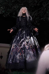 Black [Reborn Ancient God] Long Hime Sleeves Print Lace Gothic Lolita Skirt Dress Set - Product - 6