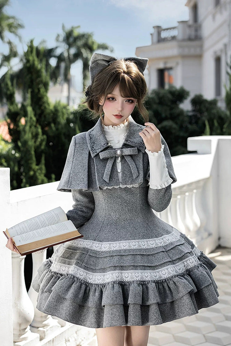 Grey [Letters and Poems · Old Memories] Stand Collar Long Sleeves Double-Layered Ruffled Bow Classic Elegant Lolita Dress 2 Versions - Product - 3
