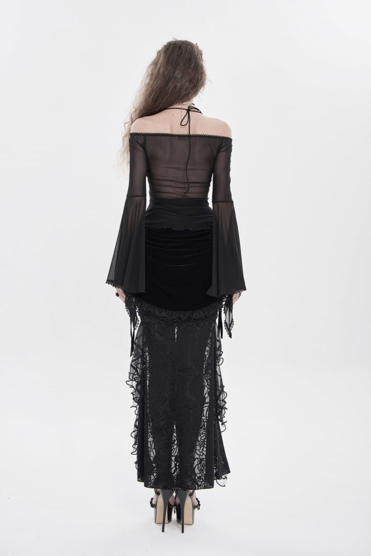 Black/Red Off Shoulder Long Trumpet Sleeves Ruffled Embroidered Lace-Up Women's Gothic Blouse - Product - 7