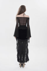 Black/Red Off Shoulder Long Trumpet Sleeves Ruffled Embroidered Lace-Up Women's Gothic Blouse - Product - 7