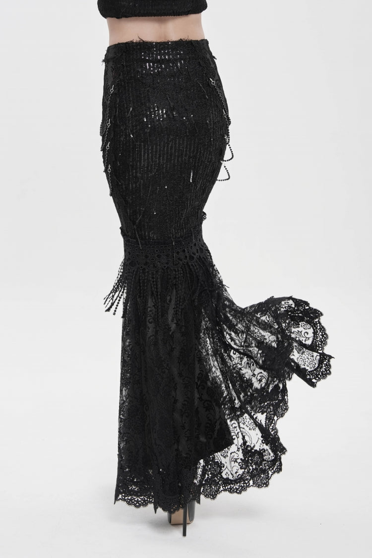 Black Double-Layered Embroidered Lace Slim Pearl-Decorated Women's Gothic Skirt - Product - 7