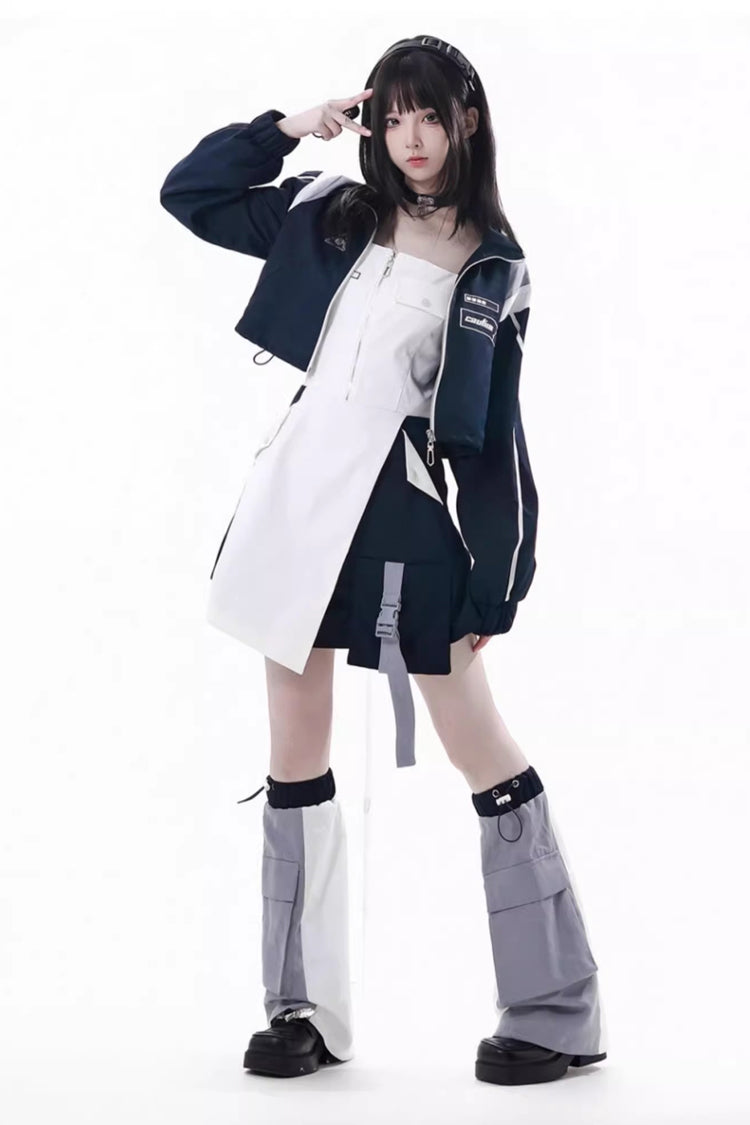 Blue/White [Message Overload] Techwear Long Sleeves Embroidered Asymmetric Zippered Jirai Kei Dress Short Coat Set - Product - 3