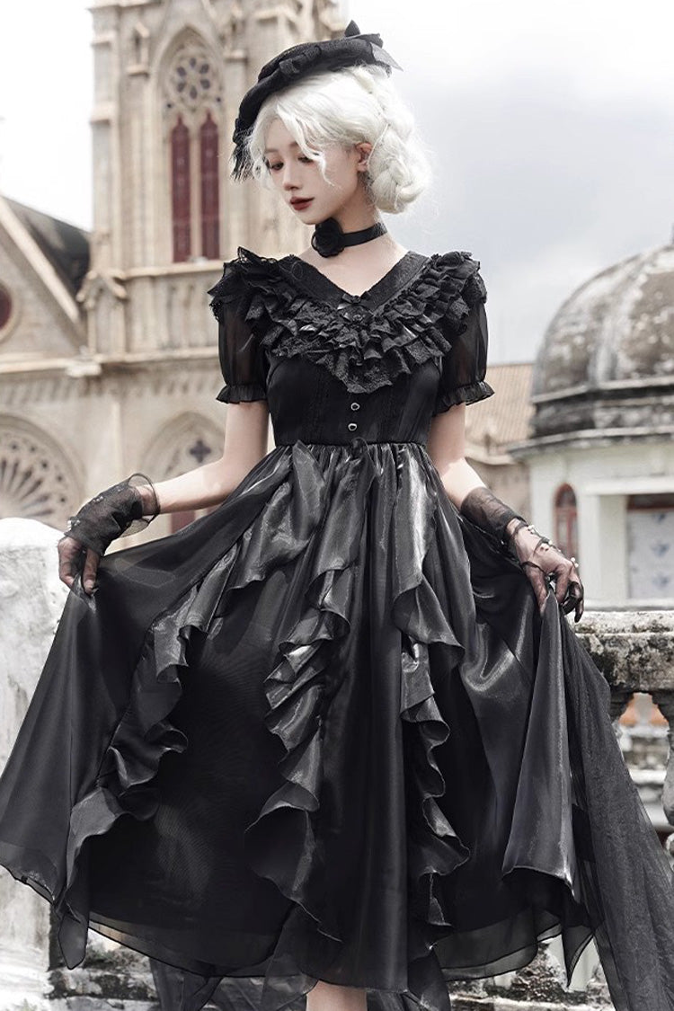 Black V-Neck Lace Cla Daily Short Puff Sleeves Gothic Lolita Dress - Product - 8