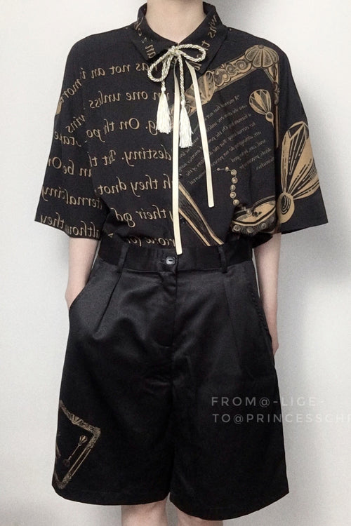 Black Handsome Little Prince Print Loose Short Sleeves Ouji Lolita Blouse - Product - 10