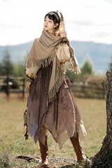 Brown [Sunset Yellow Sand] Print Irregular Asymmetric Classic Vintage Lolita Dress Set - Product - 8