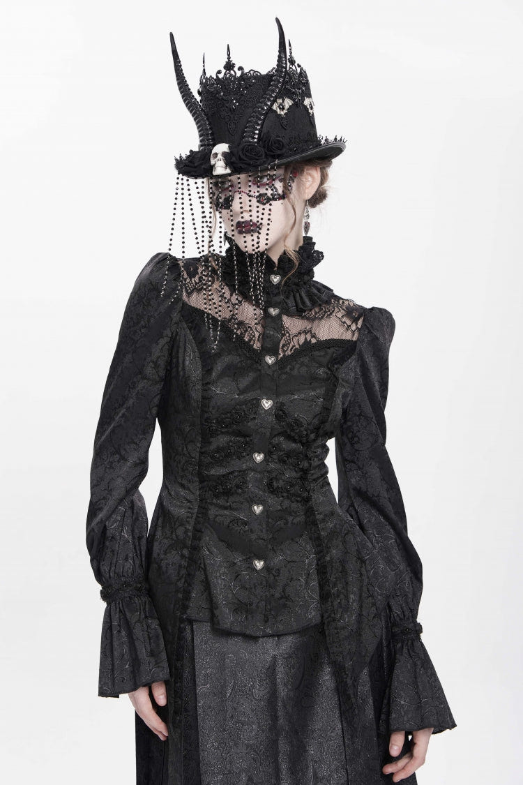 Black Stand Collar Long Sleeves Jacquard Hollow Lace Women's Gothic Blouse - Product - 2