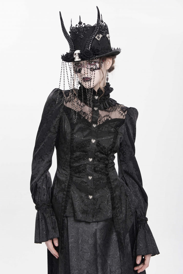 Black Stand Collar Long Sleeves Jacquard Hollow Lace Women's Gothic Blouse - Product - 2
