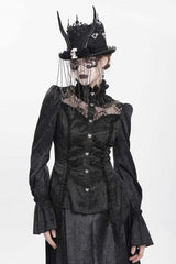 Black Stand Collar Long Sleeves Jacquard Hollow Lace Women's Gothic Blouse - Product - 2