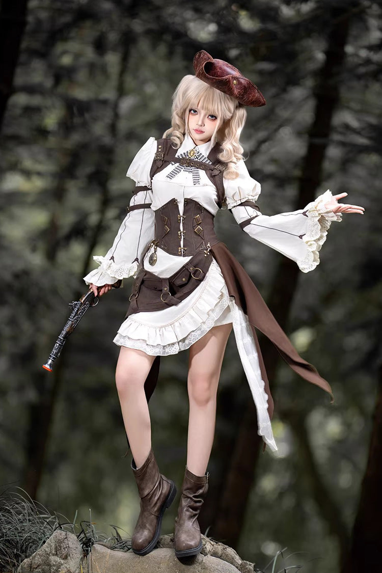 White/Brown [Time Capsule Pirate Style] Long Sleeves Ruffled Irregular Gothic Vintage Elegant Lolita Skirt Set - Product - 7