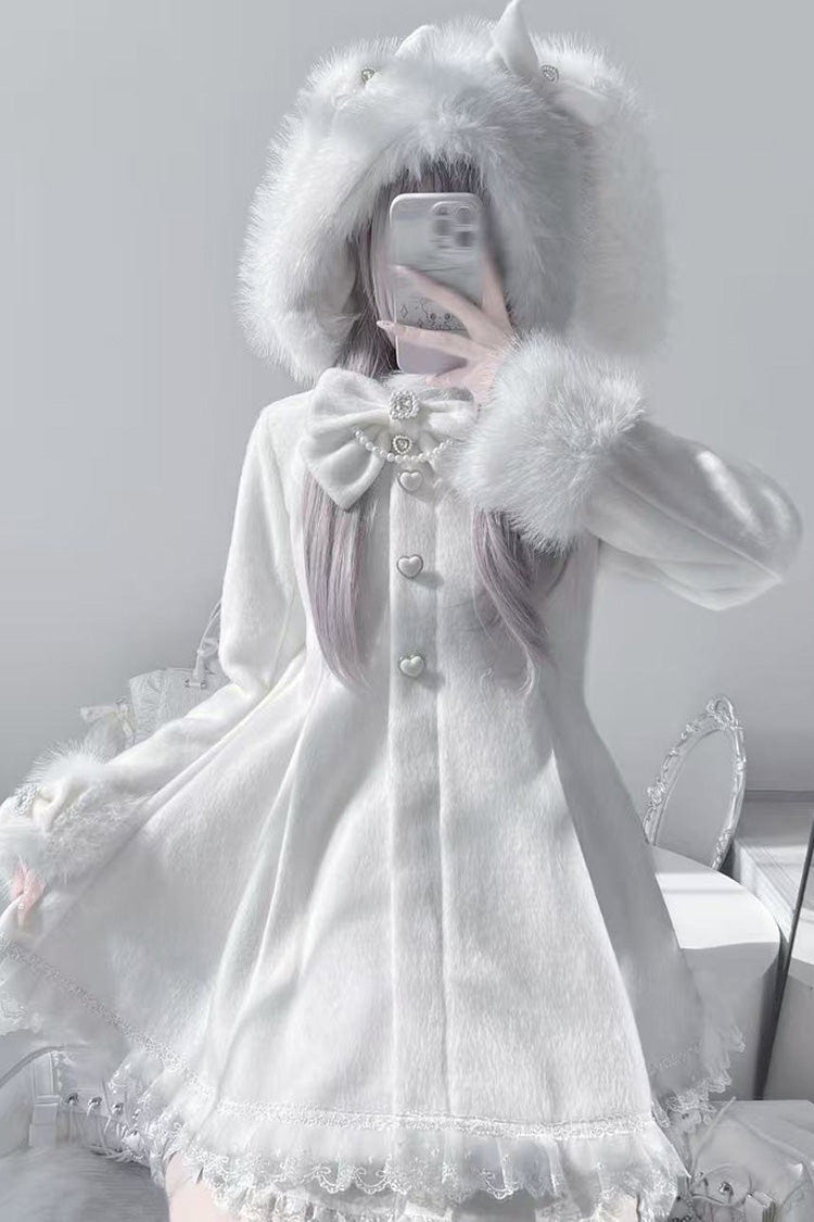 Ivory Long Sleeves Bowknot Rabbit Ears Detachable Hooded Japanese Jirai Kei Coat - Product - 3