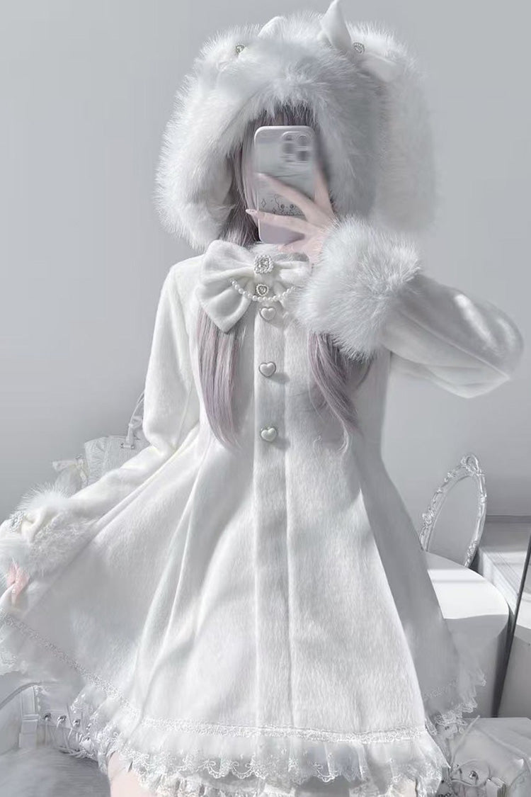 Ivory Long Sleeves Bowknot Rabbit Ears Detachable Hooded Japanese Jirai Kei Coat - Product - 3