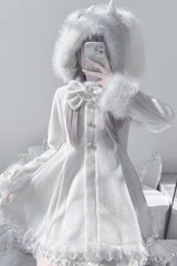 Ivory Long Sleeves Bowknot Rabbit Ears Detachable Hooded Japanese Jirai Kei Coat - Product - 3