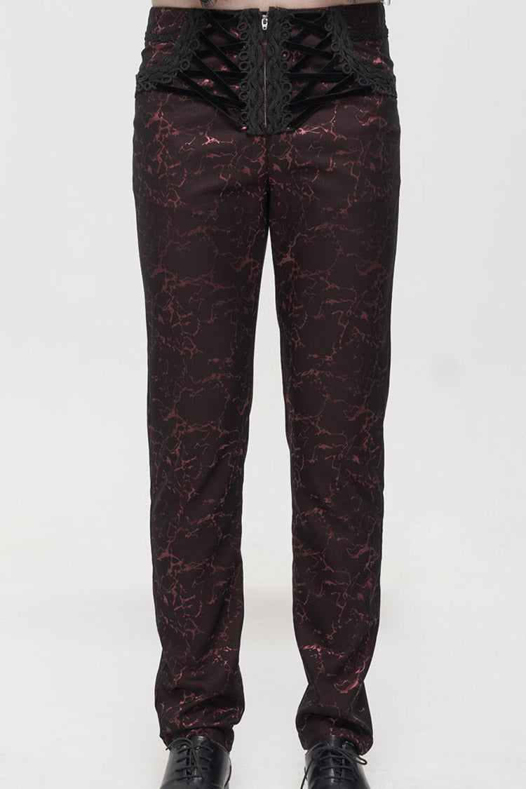 ine Gothic Glossy Pattern Drawstring Lace Decoration Men's Pants - Red - 1