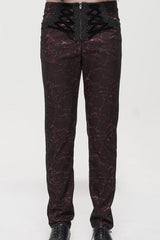 ine Gothic Glossy Pattern Drawstring Lace Decoration Men's Pants - Red - 1