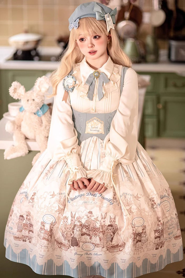 Doll's House Print Ruffle Embroidery Long Version Sweet Lolita Jsk Dress 2 Colors - White/Blue - 1