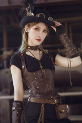 Brown Leather Rivets Corset Gothic Punk Waistcoats Vest - Brown - 1