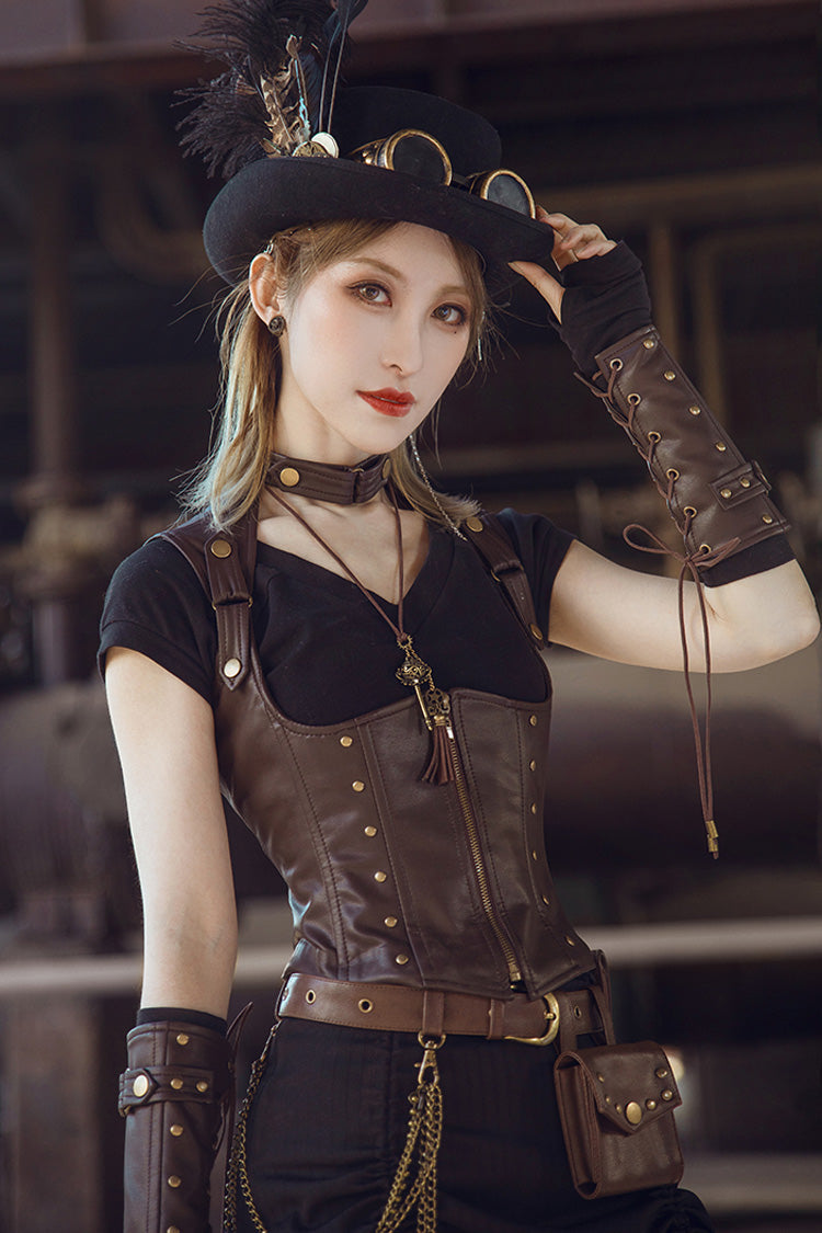 Brown Leather Rivets Corset Gothic Punk Waistcoats Vest - Brown - 1