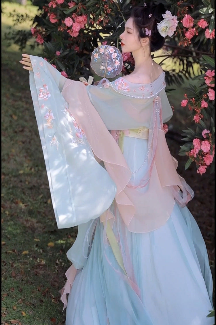 Gorgeous Embroidery With Pearl Accessories Women's Sweet Hanfu Dress Full Set 3 Colors - Product - 7