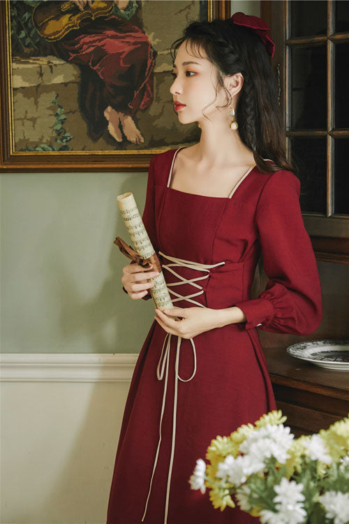 Wine Solid European Manor Square Collar Long Sleeves High Waisted Classic Lolita OP Dress - Product - 4