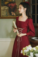 Wine Solid European Manor Square Collar Long Sleeves High Waisted Classic Lolita OP Dress - Product - 4