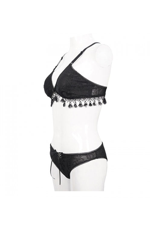 Black Dark Grain Jacquard Tassel Lace Up Gothic Swimsuit - Product - 14