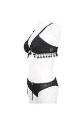 Black Dark Grain Jacquard Tassel Lace Up Gothic Swimsuit - Product - 14